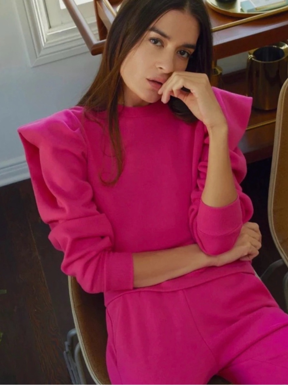 Nation LTD Joss Sweatshirt Barbie Pink Draped Sleeves Cotton Casual Comfy Lg - Picture 9 of 16